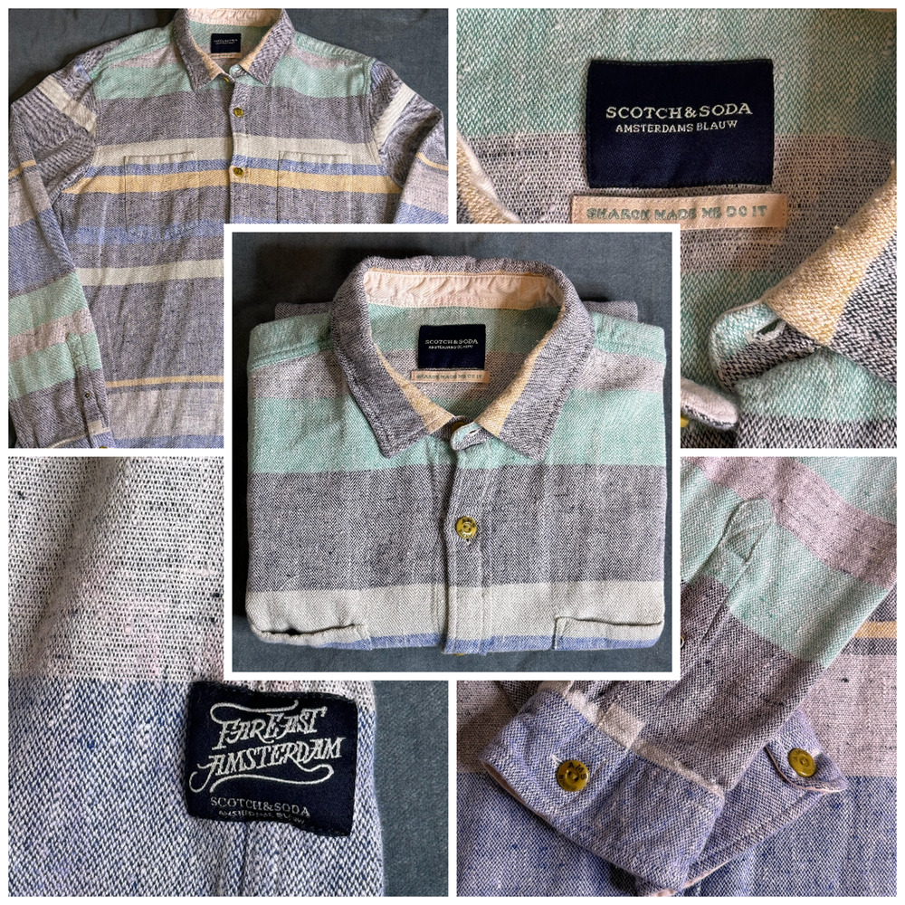 Scotch & Soda Shirt Men's L Blue Stripe Thick Flannel Far East Button Up